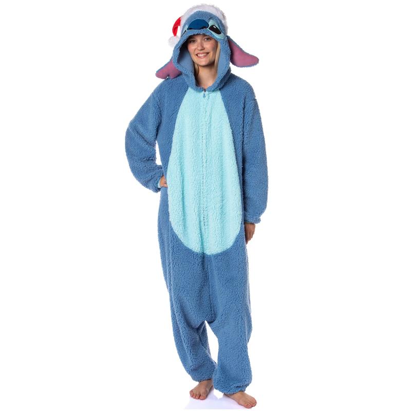 Disney Lilo & Stitch Kigurumi Unisex Christmas Santa Hat Men's Sherpa Costume One Piece Pajama Hooded Union Suit