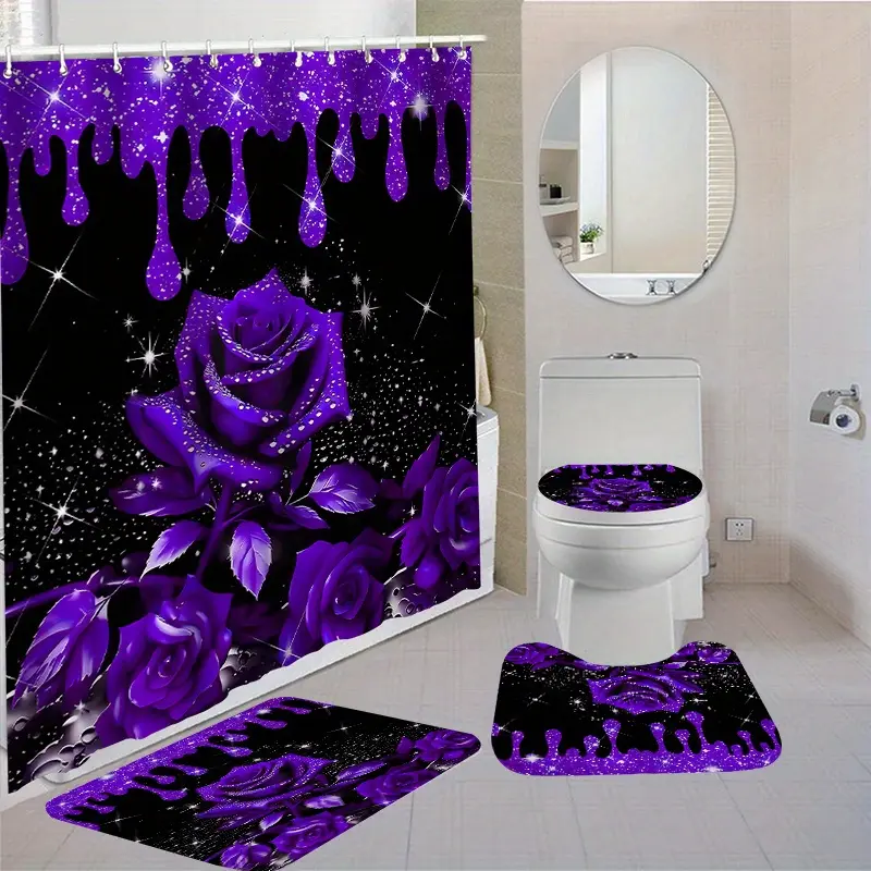 4pcs Bath Bathroom Shower Toilet Seat Bath Mats and Rugs Non-slip Carpet Toilet Covers Polyester Fabric Washable Curtain for Windows Bathroom Accessories, Valentines Decoration For Home