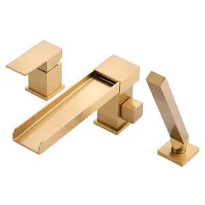 WOWOW Brushed Gold Deck-Mount Roman Tub Faucet - Brass, Drip-Free, Modern Glam, Single Handle, Rotating Spout, Waterfall Design, Adjustable Flow Control, Rainfall Handheld Shower with Hoses