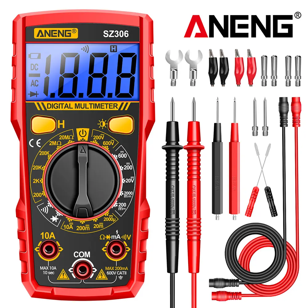 ANENG SZ306 Smart Digital Multimeter Tester - ABS Plastic Handheld Voltage Tester Set, 600V Max, 250mA Fuse Guard, 1999 Counts, 31.5x91x189mm, AC/DC Voltage, DC Current, Resistance, Diode & Circuit Testing, NCV Function, LCD Display for Easy Reading