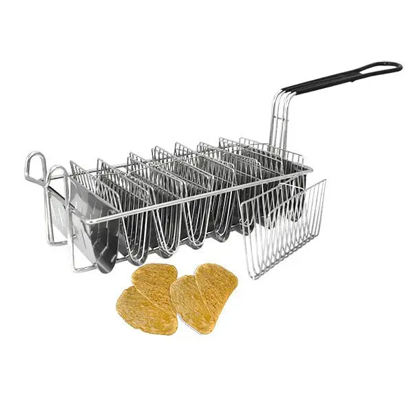 Plastic-Steel Nickel-Plated Metal Taco Shell Basket - Specialty Kitchen Utensil with Individual Sections, Frying Oil Strainer, Even Cooking, Sticking Prevention, Cool-to-Touch Design, Holds 8 Pieces