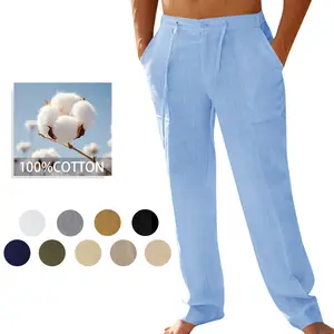 Runcati Mens Casual 100% cotton Pants Loose Fit Elastic Drawstring Waist Straight-Legs Summer Yoga Beach Long Pants