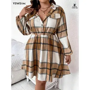 Plus-size women's autumn and winter casual fashion plaid long-sleeved lapel waist swing dress Fitted Long Sleeve Fall/Winter Dress