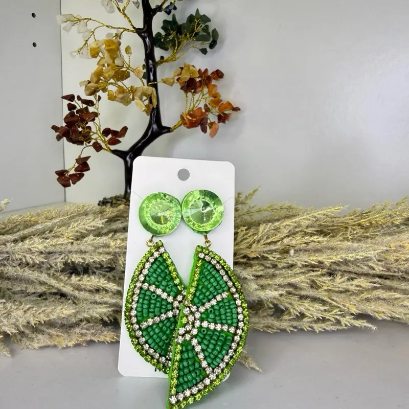Green Beaded Flower Earrings with Rhinestone Accents for Women's Fashion