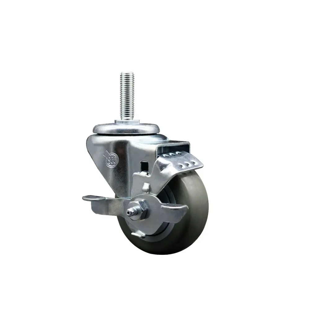 Service Caster SCC-TS20S314-PPUB-TLB-58212 Polyurethane Swivel Threaded Stem Caster with Top Locking Brake, Ball Bearing Design, Non-Marring 3 x 1.25 in. Gray Wheel, 0.63 in. Stem, 300 lbs Capacity for Material Handling Carts, Equipment, 3 X 1.25 In. Whee