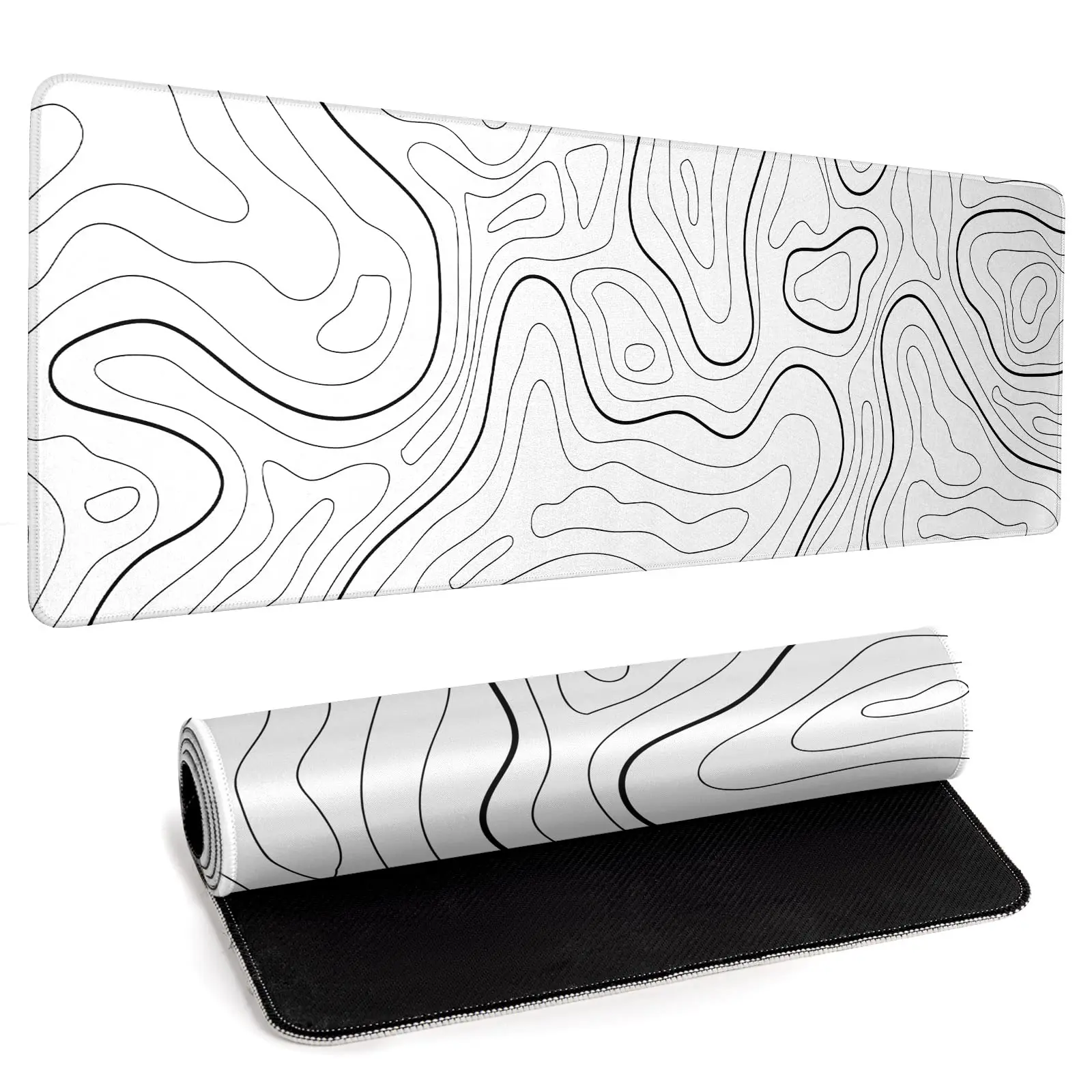 Topographic Map Mouse Pad White Black Big Mousepad for Gaming Large Washable Desk Pad with Stitched Edge Office Supplies Decor 31.5''x15.75'' Computer Keyboard Protector