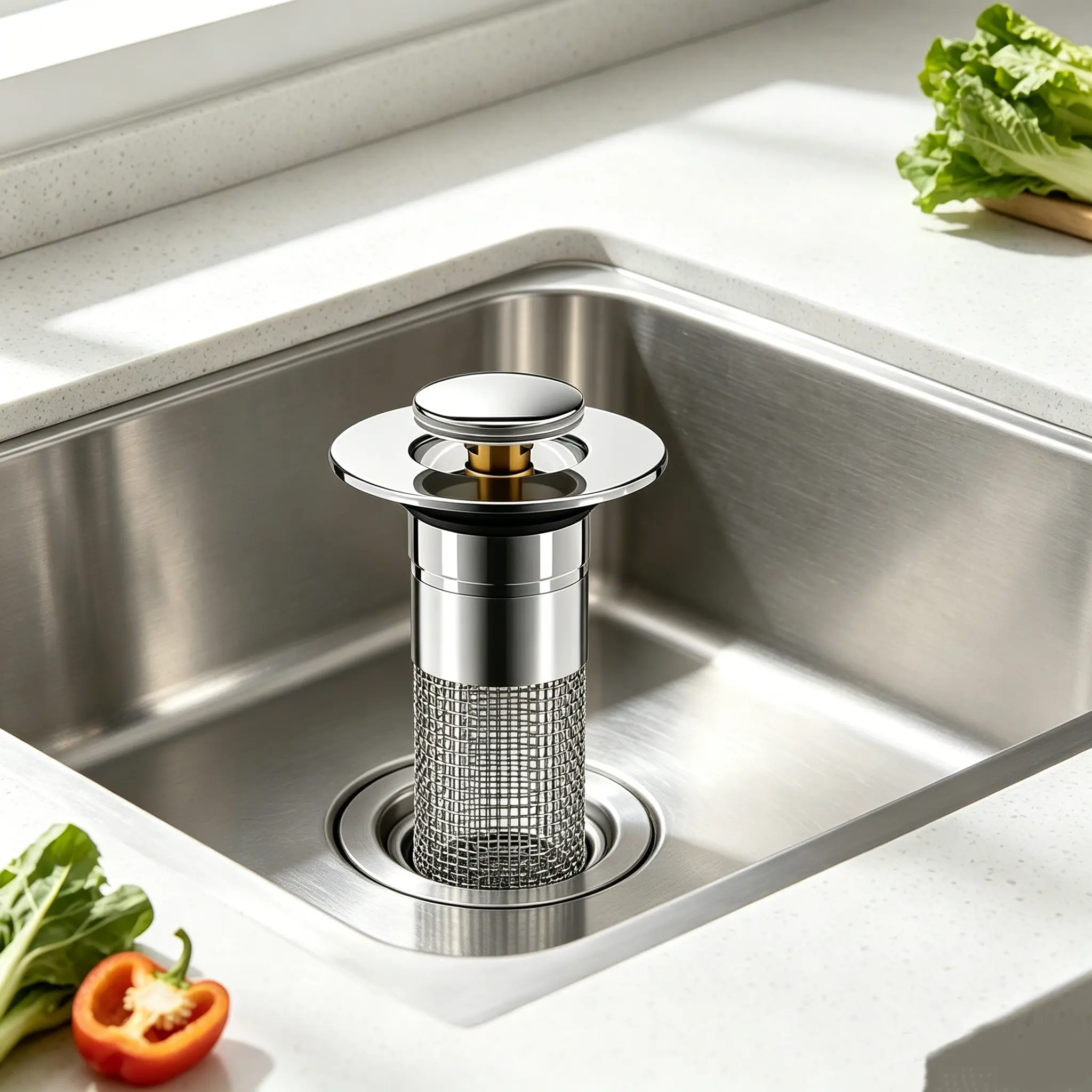 Press to Seal Kitchen Sink Drain Plug, Rustproof Stainless Steel Mesh Catches Rice, Vegetable Scraps & Grease Residue, Rubber Seal Blocks Sewer Odor, Easy Install Kitchen Sink Replacement Fitting