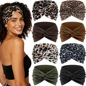 8pcs women's Bohemian leopard print headband, multiple color combinations, fashionable retro headband, yoga, running sweatband, daily casual wear, Workout Headband, Sweat Absorbing Headband