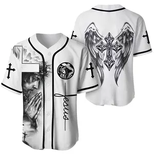White Jesus Baseball Jersey Christian Cross Angel Wings Pattern, Jesus Jersey, Jesus Religious Shirt, Faith Over Fear Apparel, He Is Risen Christian Gift, Christian Apparel