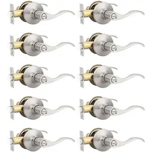 10 Pack Satin Nickel  Door Lever, Modern Interior Door Knobs Locks for Bedroom and Bathroom, Heavy Duty Door Handle, Reversible Wave Lever Handle
