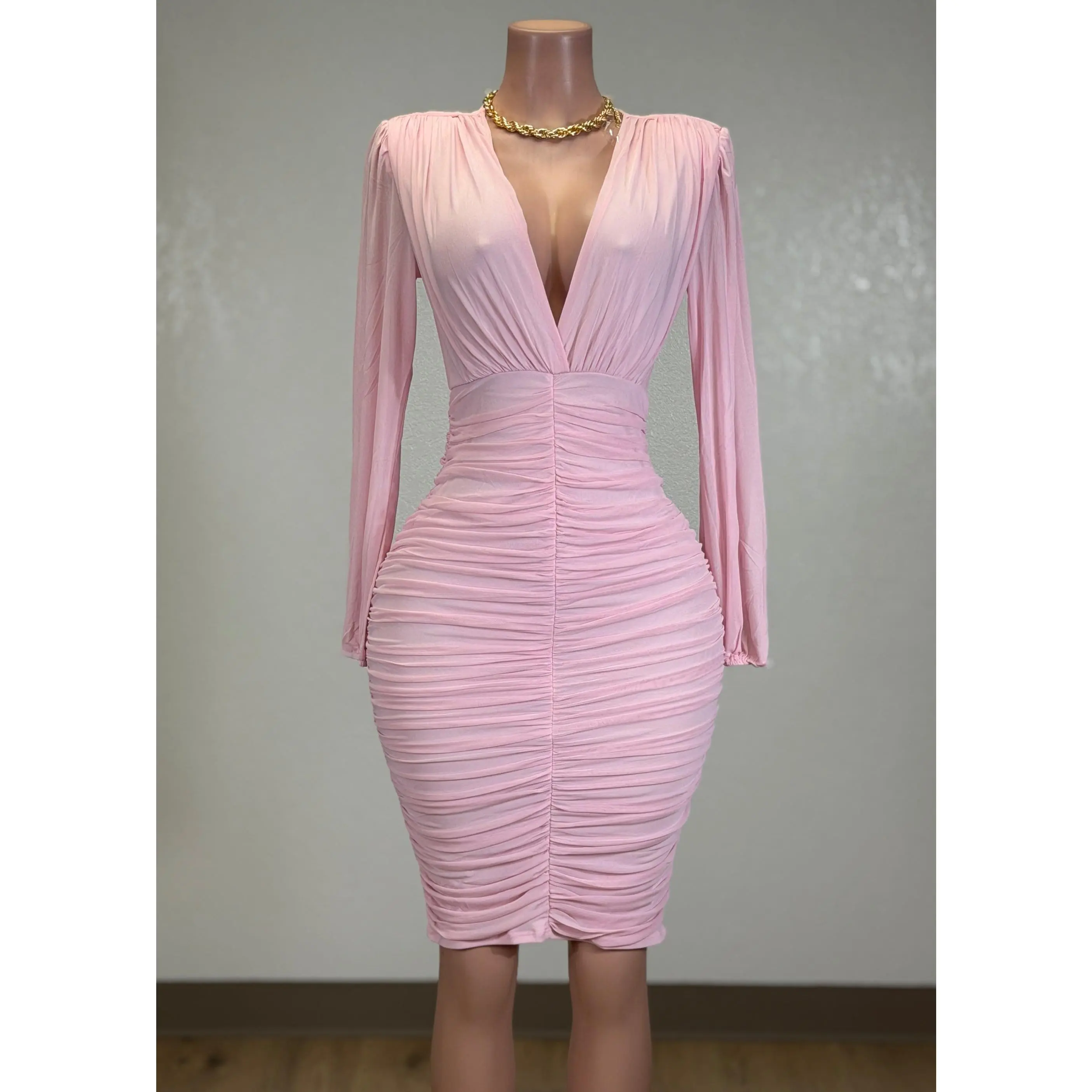 BIRDIE PINK MESH RUCHED BODYCON V-NECK MIDI DRESS