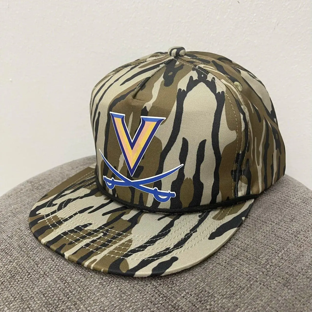 Bottomland Camouflage Trucker Hat with Ventilated Back and Flat Bill - Rope Accent and Orange Blue Patch, Gameday Vibes, Adjustable, Baseball Cap, Basic, Casual, Cotton, Graphic, Snapback, Unisex, Lightweight