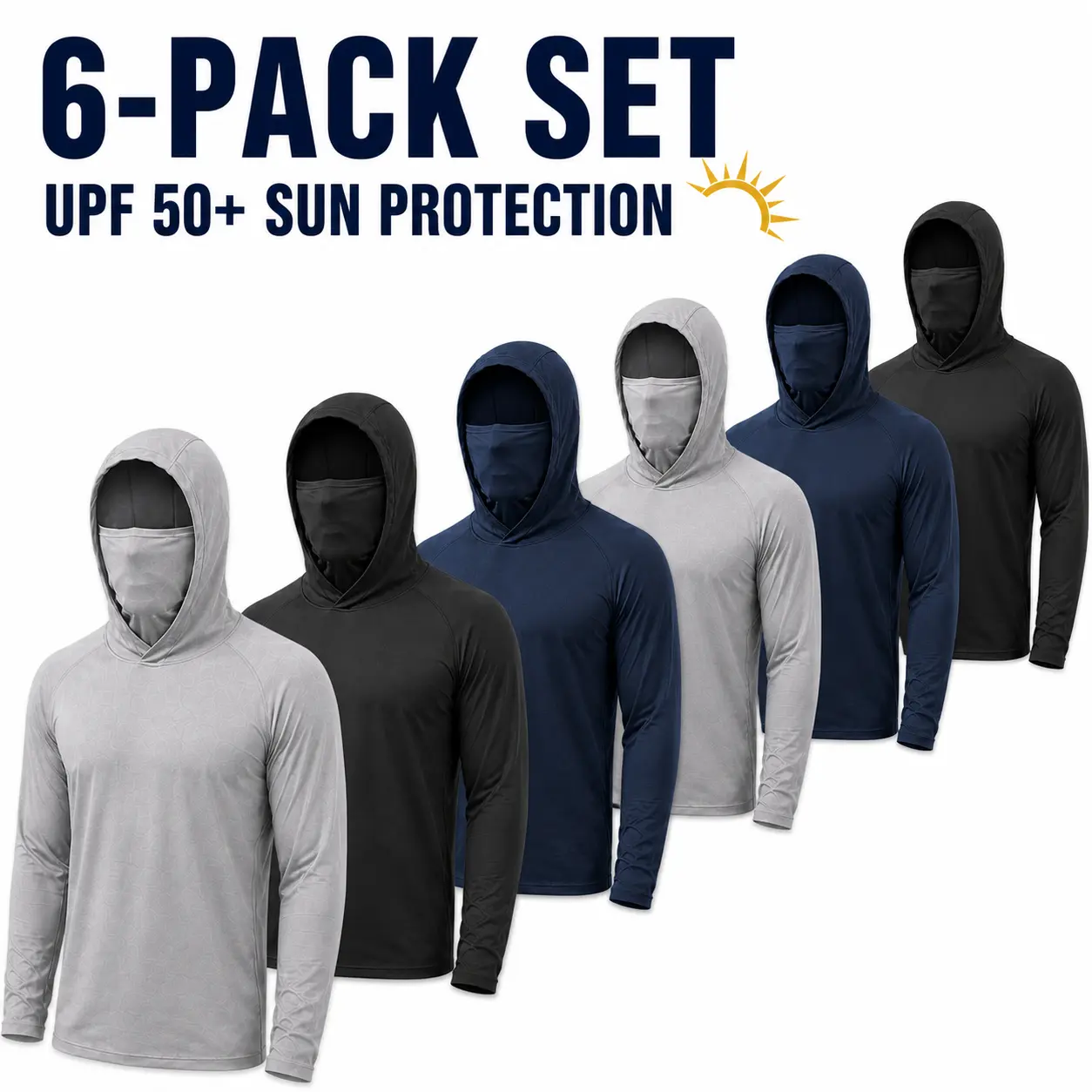 Men's 6-Pack Hooded Work Shirts with Built-In Face Cover, UPF 50+ Sun Protection, Long Sleeve Quick-Dry Shirts for Construction, Landscaping