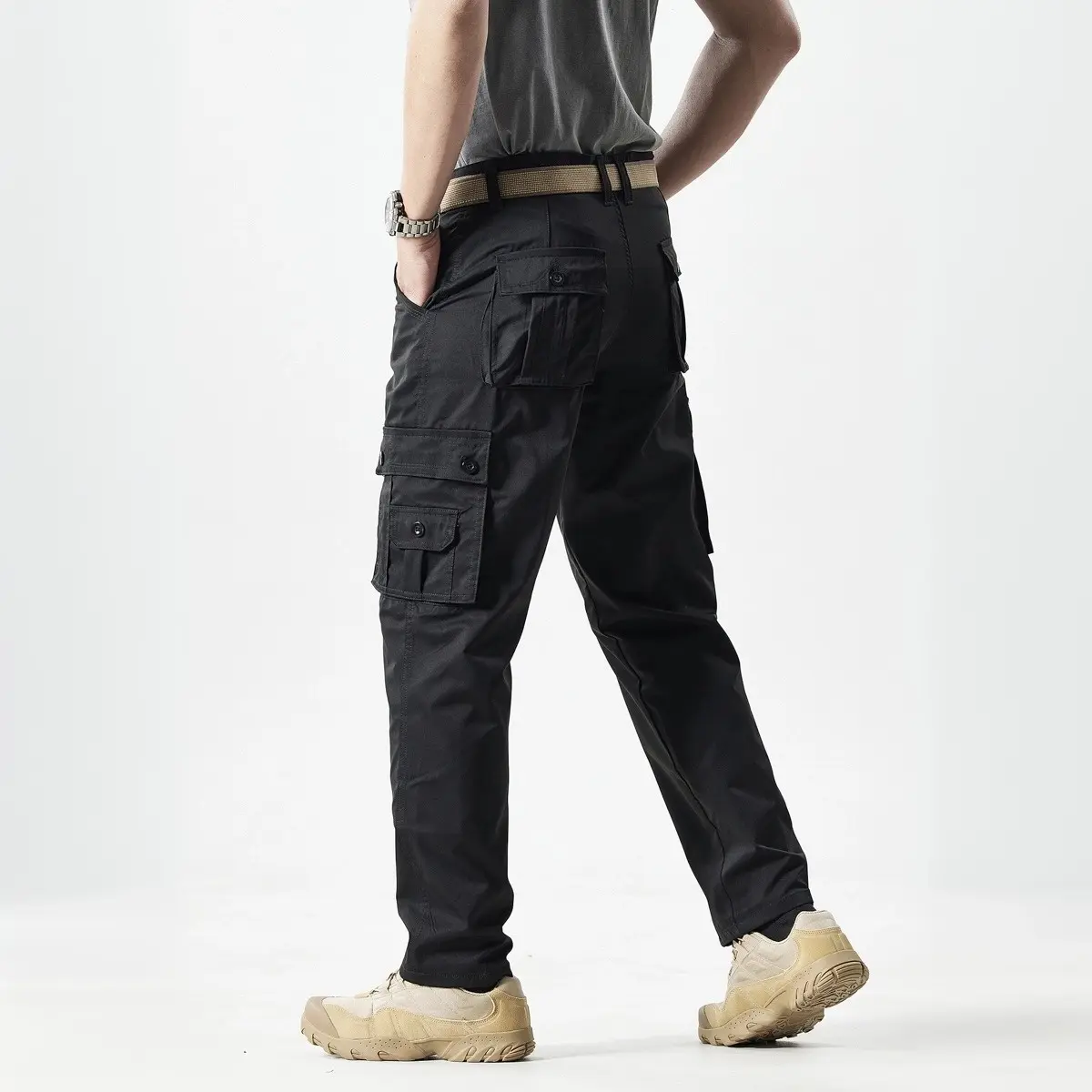 Men's Fitted Plain Solid-Color Straight-Leg Utility Khakis, Multi-Pocket Pants for Casual Everyday Wear, Ideal Father's Day Gift, All-Seasons Menswear Trousers