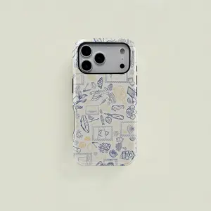 Cute blue and yellow retro-style seafood and seashell sketch protective case, sturdy and durable 2-in-1 case, compatible with iPhone 17/16/15/14/13/12/11 Pro Max/Plus/Pro, and Samsung Galaxy S25/S24/S23 Ultra series. Simple and stylish phone case.
