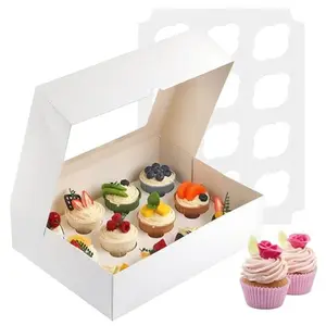 Cupcake Boxes, 2 Pack Disposable Cupcake Containers, Food Grade Cupcake Carrier 12 Count with Window and Inserts, Cupcake Transport Holders Bulk for Muffins Cookies Treats Dessert（White）
