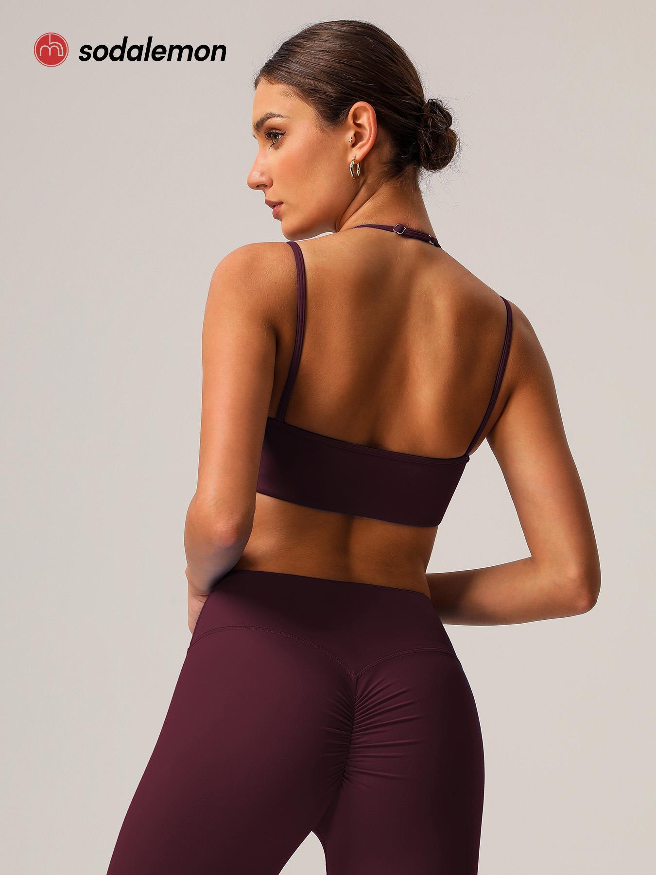 Sodalemon Women double layered-strap scoop-neck yoga sports bra, cropped open-back workout top, outdoor Pilates fitness sports bra