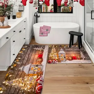1pc Christmas Wood Grain Background Flannel Rug—Gingerbread Man & Snow Pattern, Soft & Anti-Slip, Multi-Scene Use, Multiple Sizes Available, Festive Christmas Decor