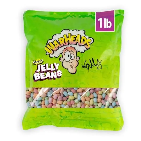 WARHEADS® Sour Jelly Beans Bulk Candy - Assorted Fruit Flavors (Black Cherry, Blue Raspberry, Green Apple, Lemon, Orange, Watermelon) - Sour Candy for Parties and Snacking - 1 lb Bag