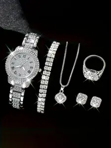 Women's Luxury Full Diamond Watch Jewelry Set, Roman Numerals Quartz Watch, Bracelet Necklace Earrings Ring, European Style Fashion Accessories, Elegant Set, Jewellery Gift Set