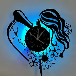Vintage Hair Salon Vinyl Wall Clock Barber Shop Home Art Decor (Battery Not Included)