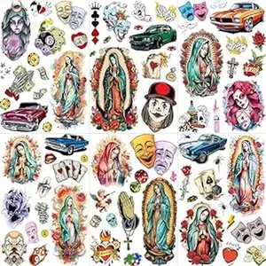 6 Sheets 3D Chicano Temporary Tattoos For Women Men Adults, Watercolor Guadalupe Fake Tattoo Sticker, Prison Gangster Cholo Mexico Joker Chicana Halloween Tattoos Face, Tatuajes Temporales Autocolante