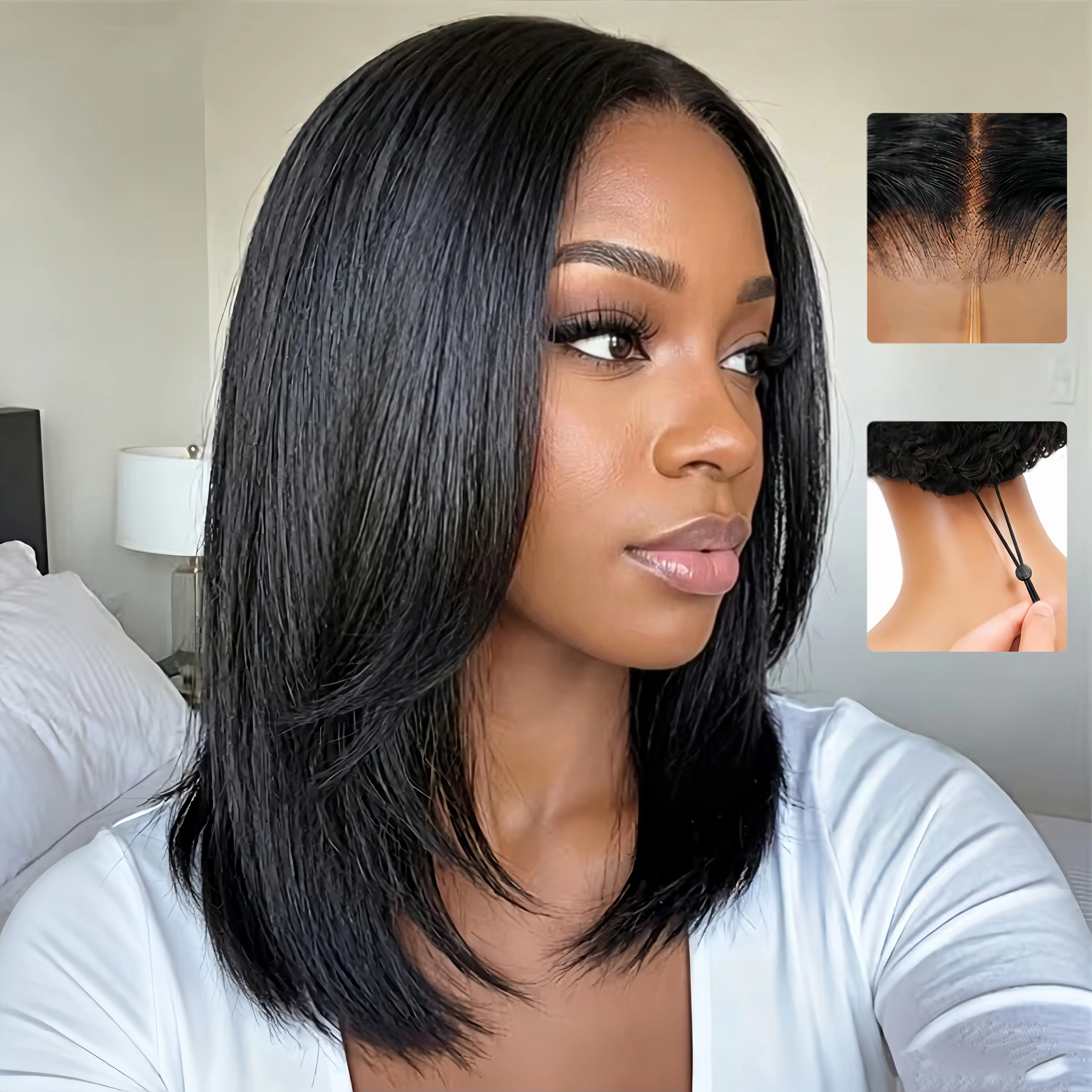 Cheetah Beauty Layered Yaki Straight Bob Drawstring Wig Human Hair 7x6 Lace Glueless Wig Pre Plucked Pre Cut Bleached Knots, Ready to Wear Short Yaki Bob Wig Natural Hairline for Black Women #TikTokShopBackToSchool