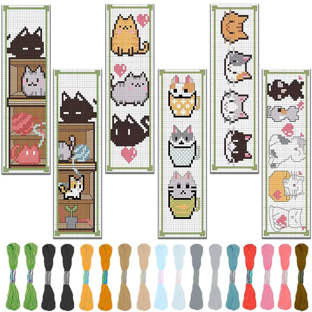 6-Piece Cute Pet Theme Cross Stitch Bookmark Set, Cat Pattern Fabric Bookmarks, Beginner-Friendly Embroidery Kit, Book Accessories, Unique Gift for Readers & Sewing Enthusiasts