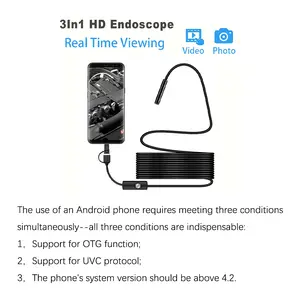 3 In 1 Type-C Micro USB Inspection Camera, Waterproof Len with 6 LED Light, 1 Count Waterproof USB Endoscope For Car & Industrial Pipe Inspection three conditions are indispensable:1,  for OTG function;2, Support for UVC protocol;3, phone's above V4.2