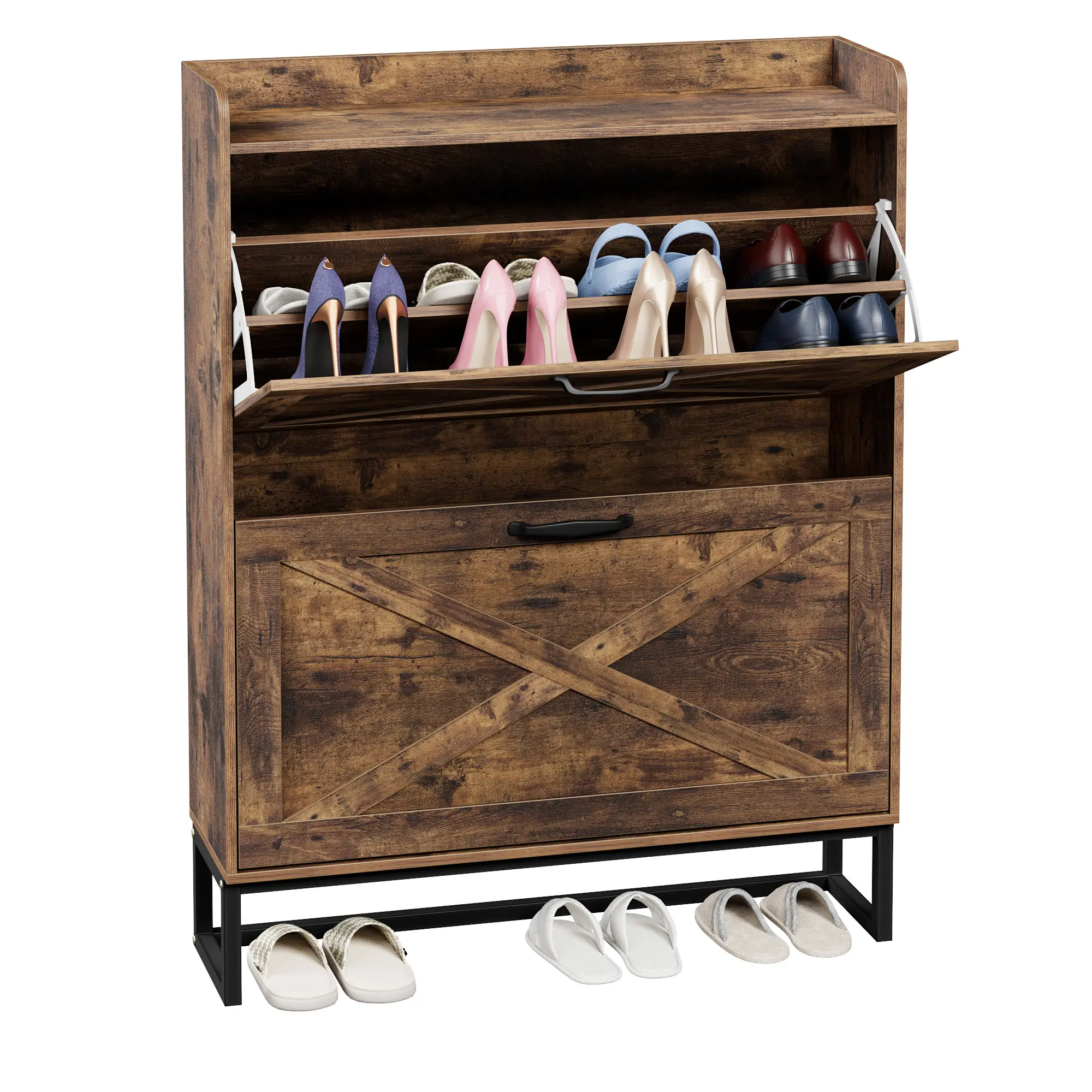 Segawe Narrow Rustic Brown MDF Wood Shoe Cabinet - Metal Legs, 2 Flip Drawers, Shelf, Shoe Rack Organizer, Smooth Adjustable Unit for Indoor Storage & Display