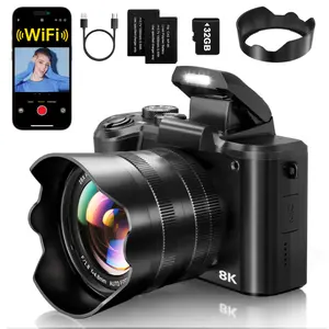 vlogging camera 8K Digital Camera For Photography, 88MP Autofocus WiFi Live Streaming Camera With Front And Rear Lenses, Flash, Touch Screen, Lens Hood, 32GB Memory Card And 2 Batteries Water Proof Wireless
