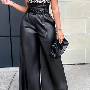Women's Solid Belted Pocket Zipper Fly Wide Leg PU Leather Pants, Elegant High Waist Trousers for Party Club Dating, Ladies Bottoms for Fall & Winter