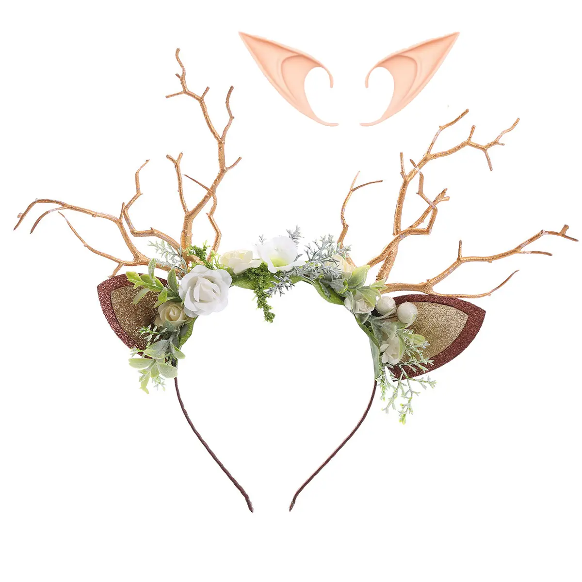 GentleLie Handmade Reindeer Antler Headband with Elf Ears Fantasy Woodland Deer Horn Floral Crown | Whimsical Costume Headpiece for Halloween Christmas & Parties | Unique Handmade Accessory for Women & Girls