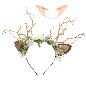 GentleLie Handmade Reindeer Antler Headband with Elf Ears Fantasy Woodland Deer Horn Floral Crown | Whimsical Costume Headpiece for Halloween Christmas & Parties | Unique Handmade Accessory for Women & Girls