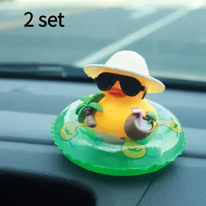 Summer duck car decoration 2 set-tropical beach dashboard pendant, including coconut and green buoy ring, non-slip car accessories suitable for both men and women, as a fun gift for friends (with adhesive patch)
