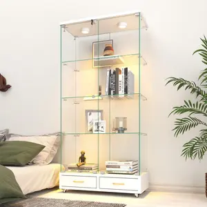Modern Glass Display Cabinet with 2 Large Drawers , Quick-assembly Antique Cabinet with LED lights, Tempered Glass Bookshelf, 2-Door Storage Case with 4 Shelves  for Living Room and Bedroom, White