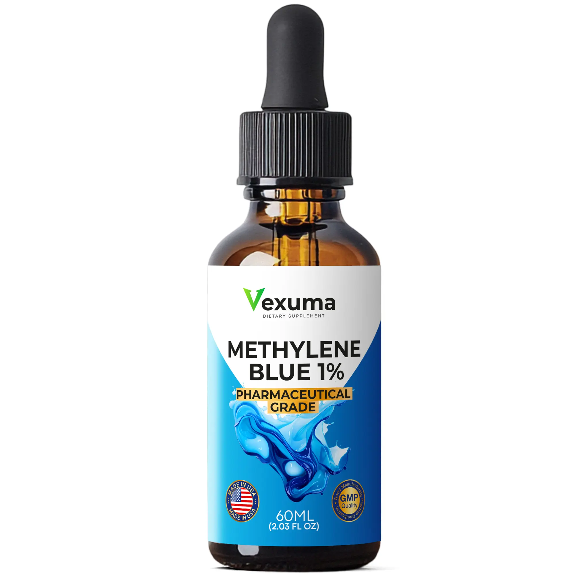 Vexuma Methylene Blue Liquid Supplement - 2 fl oz Dropper Bottle, Made in USA, GMP Certified, Alcohol-Free Formula for Focus & Cellular Support