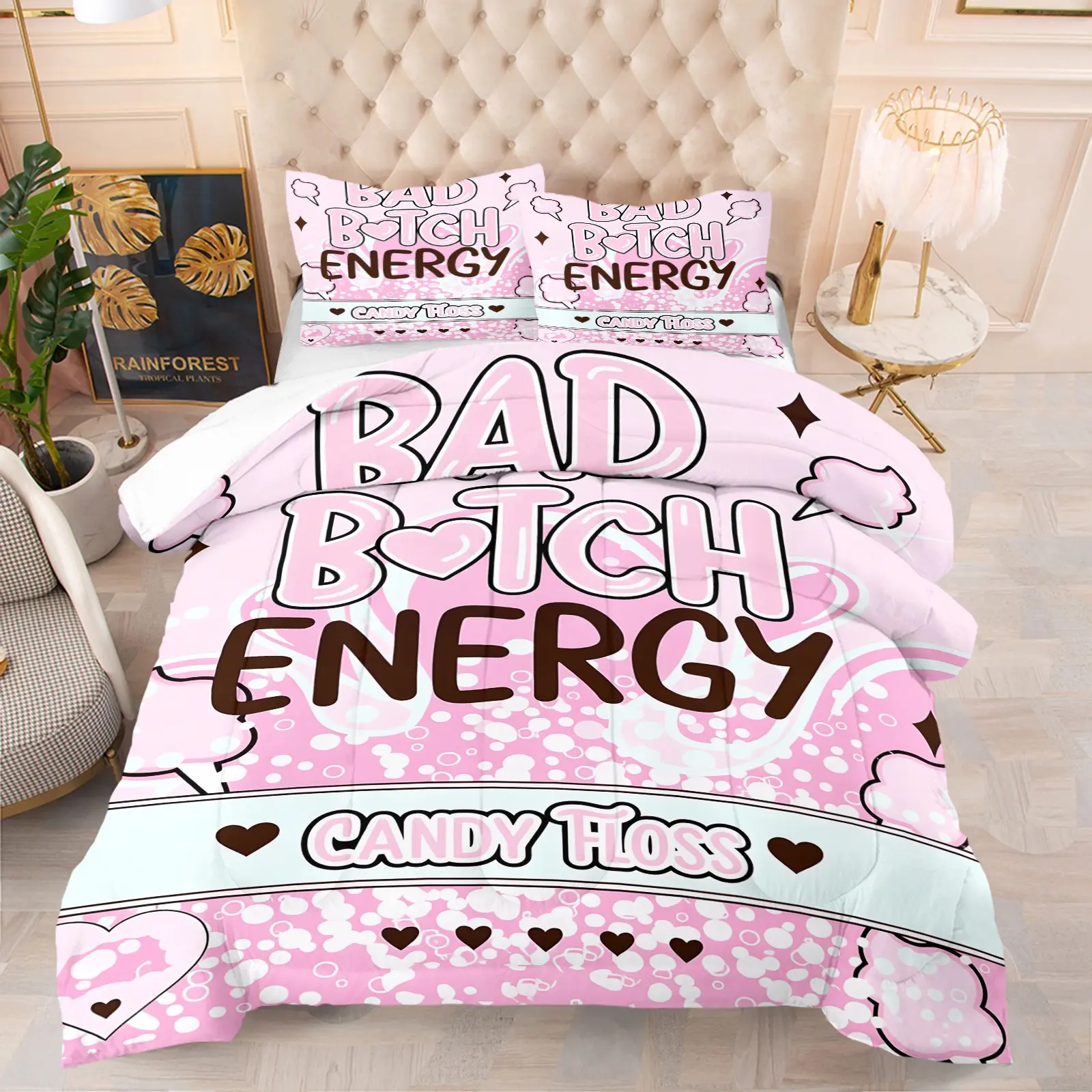 Bad Bitch Energy Comforter Set Queen Size, Pink Cotton Candy Y2K Aesthetic Bedding, 1 Comforter with 1 or 2 Pillow Shams, Soft Microfiber Warm Cozy, Easy Care Machine Washable, Funny Dorm Bedroom Decor, Best Friend Gift