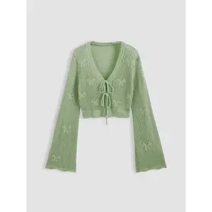 Cider [6 colors, size 2-10] Solid Hollow Out Knit Knotted Cardigan