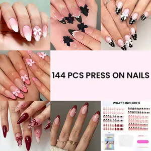 Press-On Nails Variety Set 144 PCS | Long Almond & Stiletto 6 Designs: Polka Dot, Pink 3D Bows, Pearl French | 12 Sizes | with Glue & Tabs | Ashowner