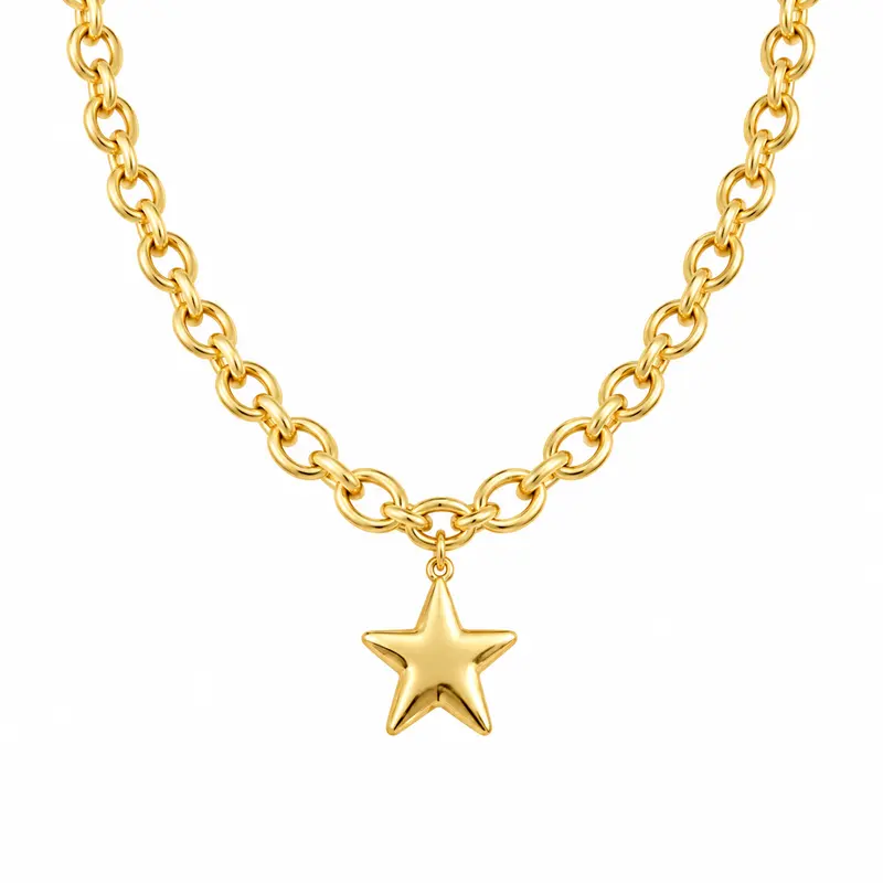 FREEKISS Gold Star Pendant Necklace Women's Chunky O-Chain Link - Bold Look, gifts for women, High-Gloss Finish, romantic gifts for her, 5-Point Star Statement Costume Jewelry for Daily Wear womens gifts FallDealsForYou BlackFriday