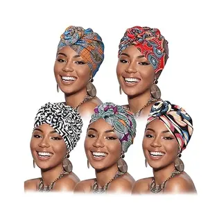 5PCS Women' African Turban Headwraps Suitable for Bohemian Knot Headbands, Pre-Knotted Beanie Hair Covers with Multicolor Knots, Daily Wear & Special Occasions, Cultural Hair for Parties
