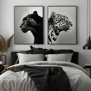 Set of 2  Black Panther and Leopard Portrait Profile, Black and White print, Leopard Panther Animal Print, Minimalist, Contemporary Modern, Unframed