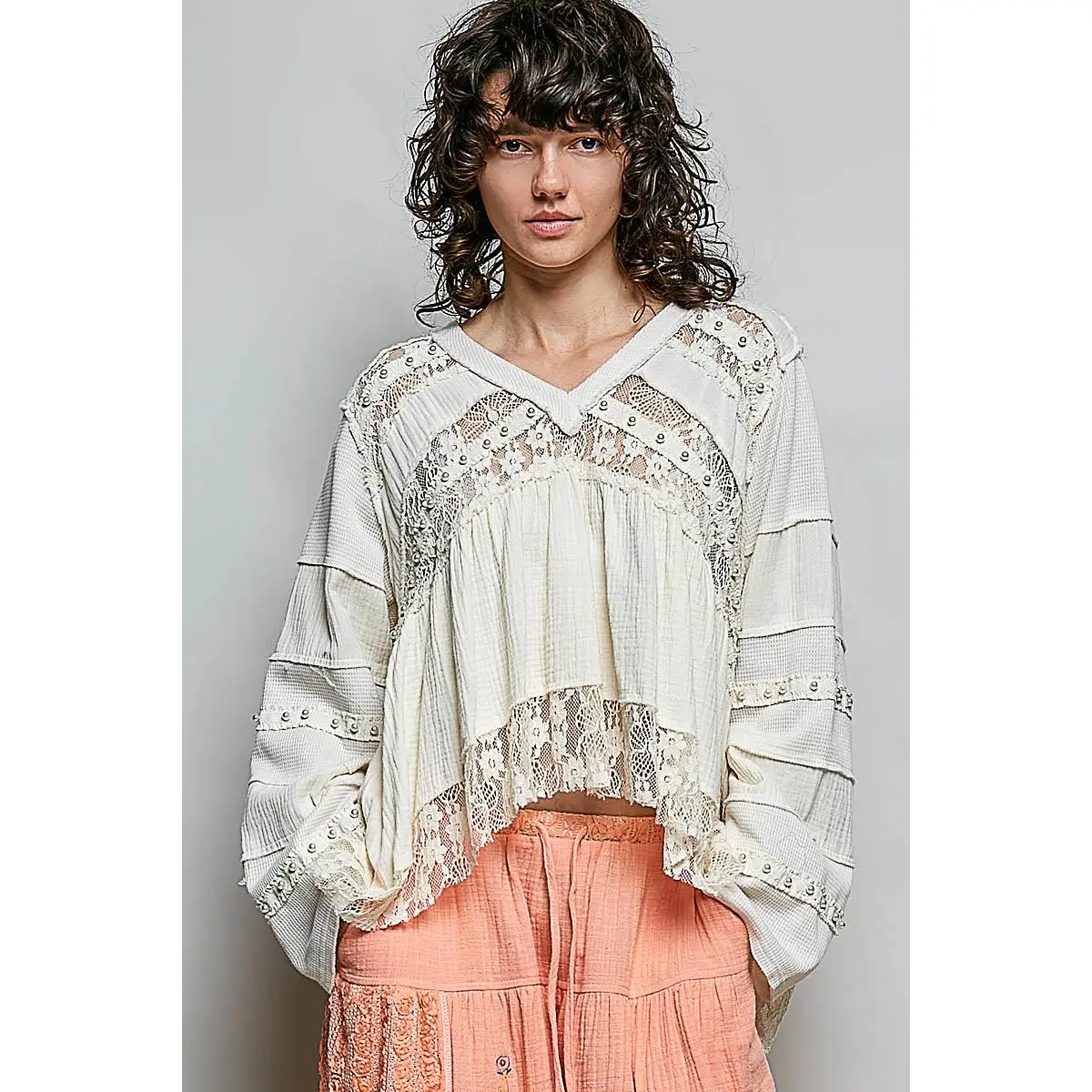 Emma Cream Lace Pearl Studded Top