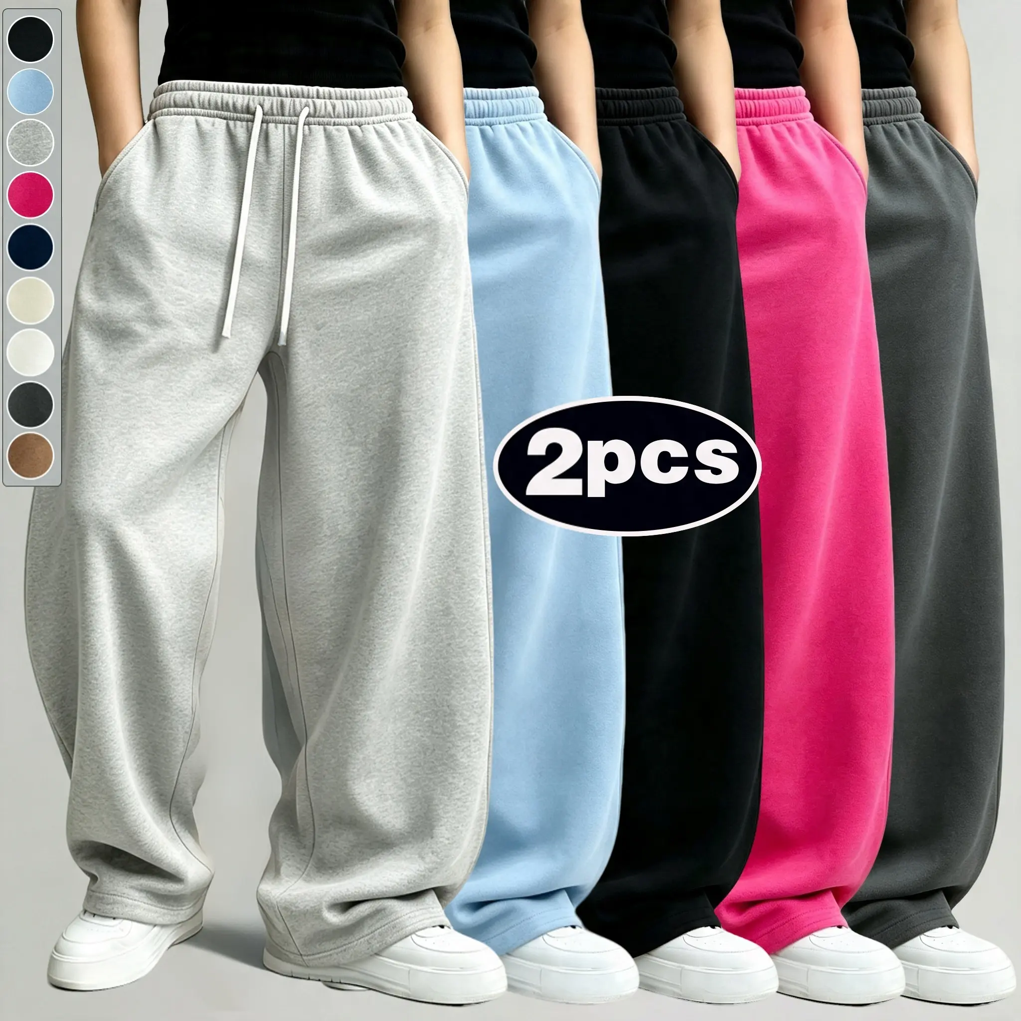 American Vintage Heavyweight Solid Color Sporty Sweatpants - Lazy Drape Wide-Leg Pants with Elastic Waist, Drawstring, Loose Fit, Slimming, Casual Floor-Length Trousers