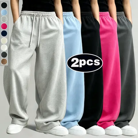 100% polyester fiberAmerican Vintage Heavyweight Solid Color Sporty Sweatpants - Lazy Drape Wide-Leg Pants with Elastic Waist, Drawstring, Loose Fit, Slimming, Casual Floor-Length Trousers