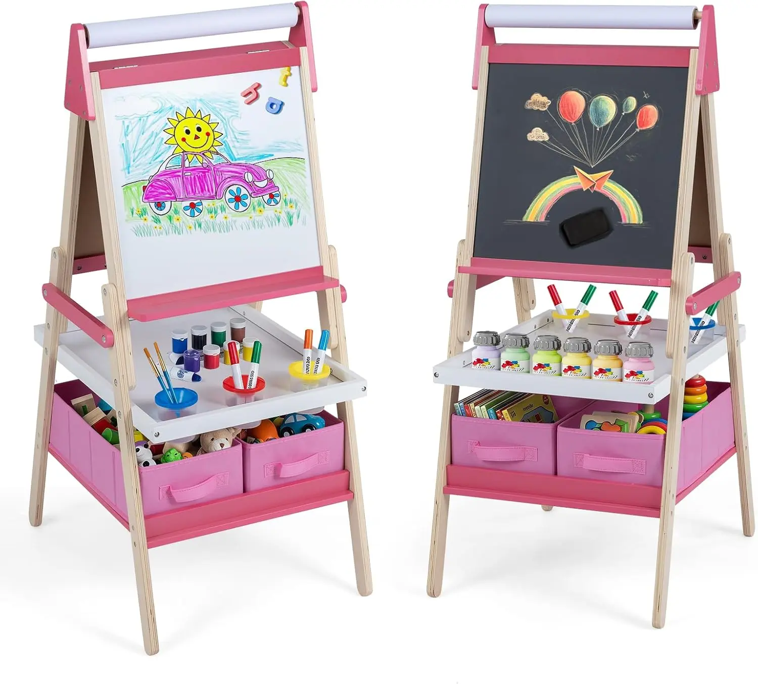 Costzon 3 in 1 Easel for Kids, Wooden Double-Sided Art Easel  | Standing Easel w/ Magnetic Whiteboard, Chalkboard, a Paper Roll, 2 Storage Baskets & Painting Accessories