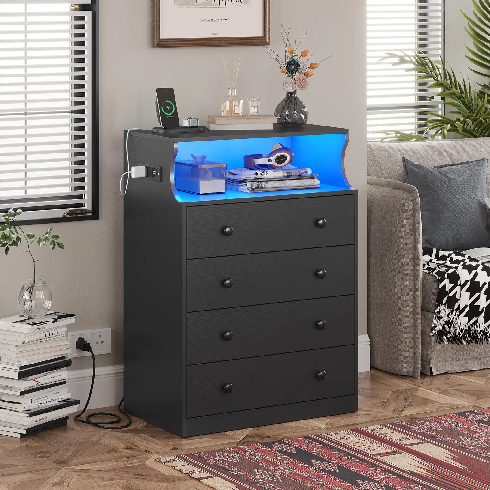 Hasuit Black Dresser with Charging Station, 4 Drawers LED Dresser for  Bedroom, Chest of Drawers with Open Space, Large Capacity Tall Storage  Cabinet, Black Dressers for Bedroom - TikTok Shop