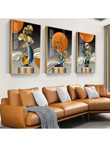 3PCS Frameless Geometric Canvas Prints – Modern Gold Leaf & Abstract Wall Art for Home Decor