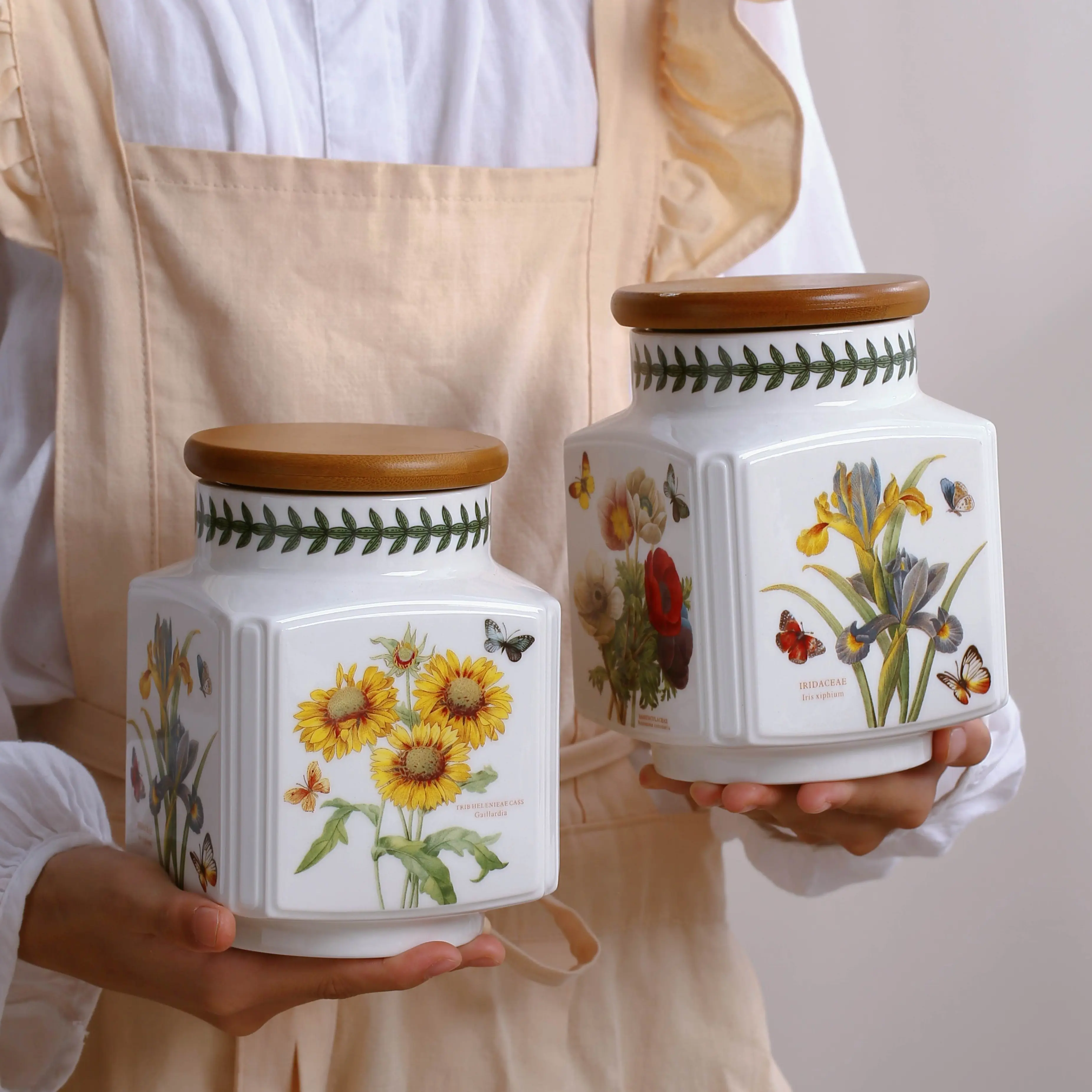 HongDian Botanical Ceramic Storage Jar,1400ml 48 oz Food Canister with Food Grade Wood Lid,Sunflower Iris Floral Pattern,Premium Ceramic,Underglaze Non Fading,Tea Coffee Sugar Snack Pantry Organizer,Afternoon Tea Kitchen Countertop Gift Decor